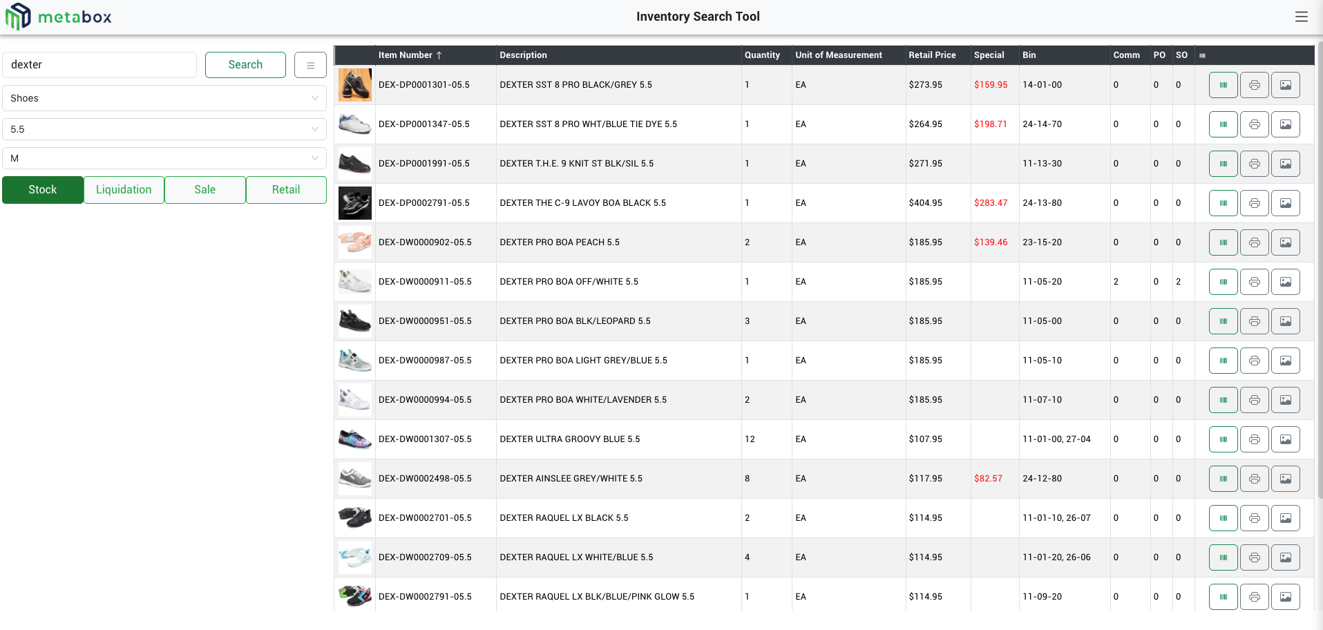 Live stock search on the floor in Metabox Inventory